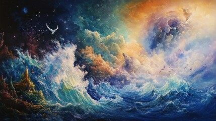 A Dramatic Seascape with Whirlpools, Clouds, and Flying Birds