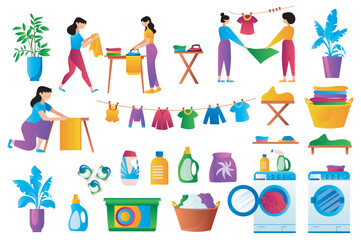 Washing room set elements in flat graphic design. Bundle objects of women ironing, hanging clothes, wash machine, powder or gel bottles, capsules, dirty clothing in basket, other. Vector illustration.