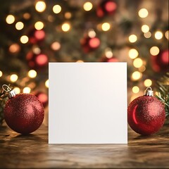 Elegant Christmas Card Mockup with Red Baubles and Lights