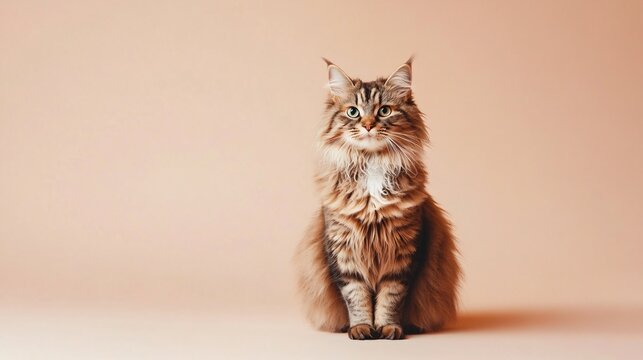 A fluffy LaPerm cat with distinctive curly fur sitting gracefully on a light solid color background