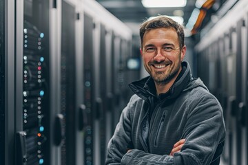 A highly confident professional is posing proudly in a large data center filled with rows of server racks