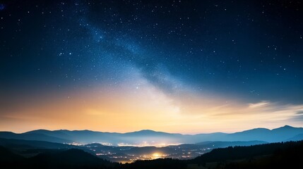 Fototapeta premium Starry night sky, horizon line, clouds blending with darkness.