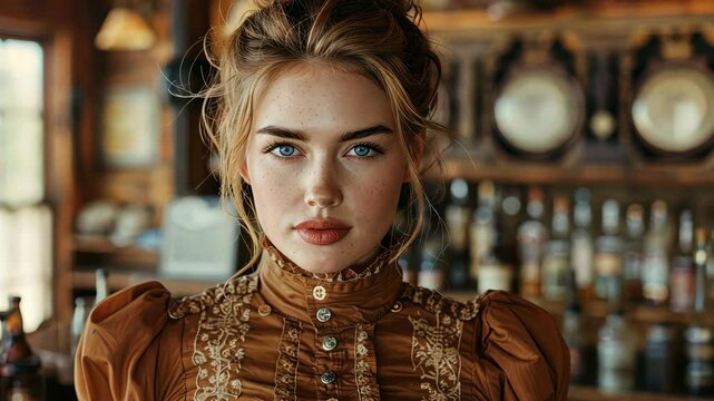 Charming saloon waitress serving drinks in a lively Western-style bar during the evening