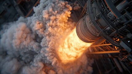 A close-up view of a rocket engine at ignition, the fiery exhaust and billowing smoke emphasizing the raw power and engineering marvel of space travel.