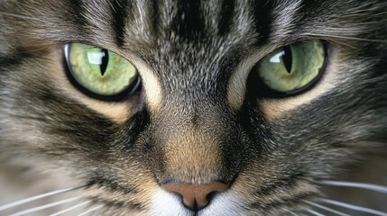 A close-up of a Maine Coon cat's striking green eyes, surrounded by a light solid color background, illustrating its gentle expression