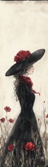 Elegant silhouette of a woman in a black dress with roses, wearing a wide-brimmed hat, surrounded by blooming flowers.