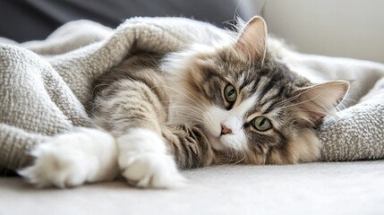 A fluffy Manx cat lounging on a soft blanket, showcasing its distinctive taillessness and playful expression
