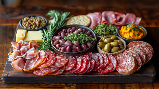 Elegantly arranged charcuterie board with cured meats, cheeses, olives, nuts, mustard, and pickles in a chic restaurant setting