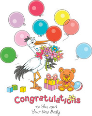 Naklejka premium Greeting card with a cute white stork with a bouquet of flowers and gifts with colorful holiday balloons flying around, vector cartoon illustration on a white background