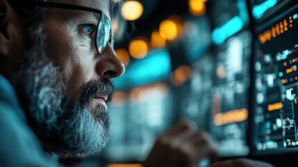 A close-up shot showing a person intensely working on a computer setup with multiple screens displaying complex data and graphs in a modern office setting.