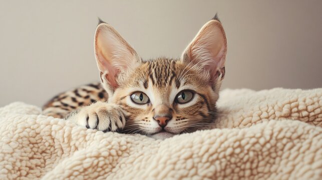 A playful Minskin cat lying on a soft blanket, showcasing its unique fur pattern and large ears, with a light solid color background