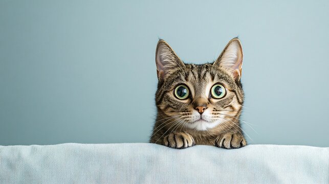 A curious Minskin cat peering out from behind a cushion, its eyes wide and expressive, against a light solid color backdrop