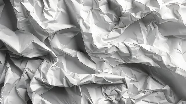 Crumpled white paper texture on a flat surface showcasing intricate folds and creases