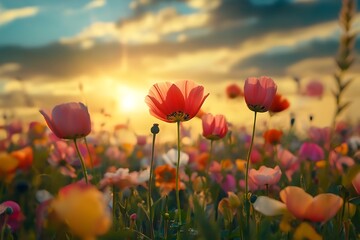 Obraz premium Poppy field at sunset with vibrant colors and golden light