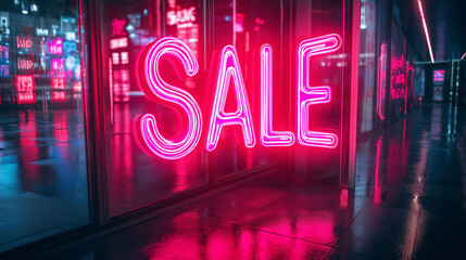 Neon Glow Sales, products outlined in neon lights with big "SALE" text glowing above, with copy space, Black Friday