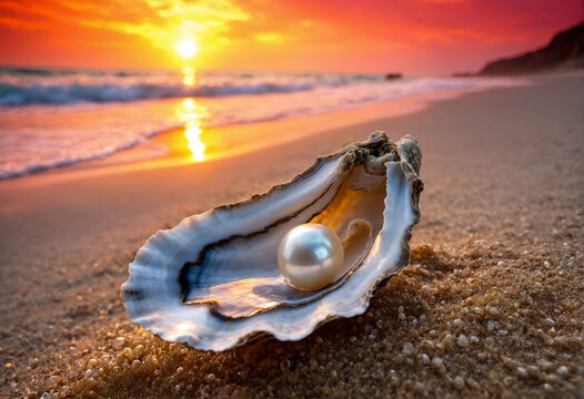 Seashell with pearl on beach