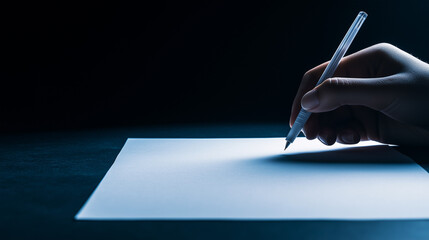 Hand writing on a blank sheet of paper in minimal lighting