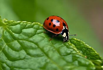 Fototapeta premium Ladybird on green leaf