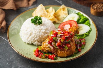 Nasi Ayam Geprek is Indonesian Food crispy fried chicken with hot and spicy sambal bawang. Served with rice