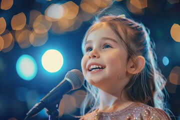 Little girl singing with microphone on stage with lights