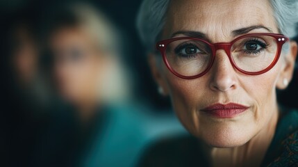 An elderly woman with striking red glasses, gazing thoughtfully into the distance, capturing a moment of introspection and grace in a modern portrait setting.