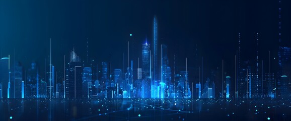 Obraz premium Abstract digital technology background with a blue glowing city skyline, a night view of the metropolis. Vector illustration for banner design and business concept on a dark background.