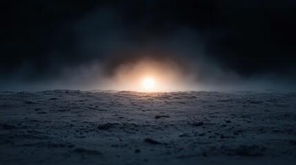 Obraz premium A stunning sunrise over a barren and empty landscape, evoking feelings of new beginnings, hope, and the stark beauty of untouched nature in a silent, desolate environment.