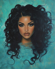 Fototapeta premium Woman with curly hair emerging from water, serene portrait on teal background