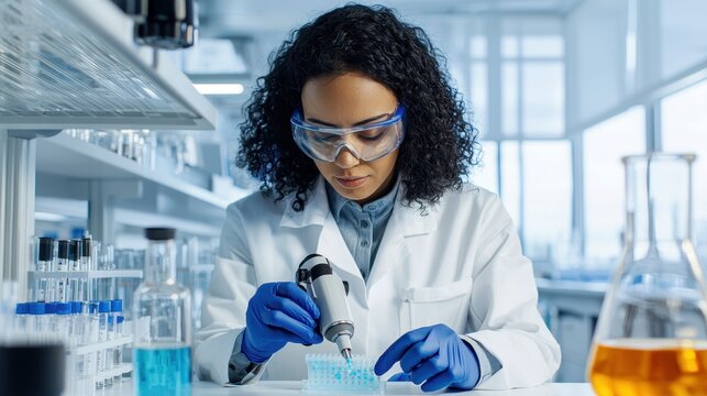 A scientist conducts an experiment with precision in a modern laboratory, showcasing innovation and research in science.