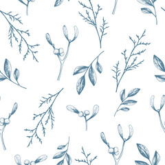 Seamless pattern with mistletoe, branches and leaves. Winter holiday design for greeting cards, invitations, and posters.