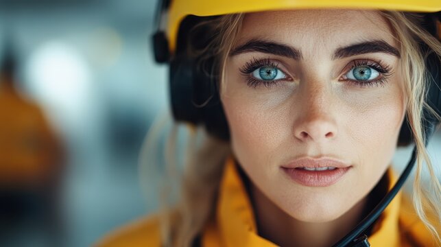 A young woman in a close-up shot wears safety gear, focused intensely on her task in a dynamic industrial environment, representing determination and professionalism.