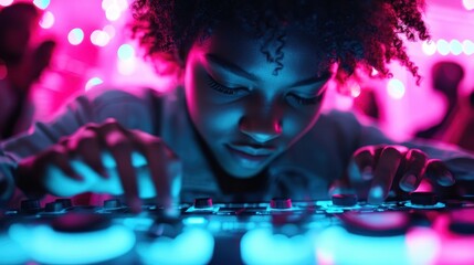 A person deftly operates a soundboard surrounded by pink and blue lights, highlighting a vibrant, energetic setting that exemplifies modern digital creativity and sound engineering.