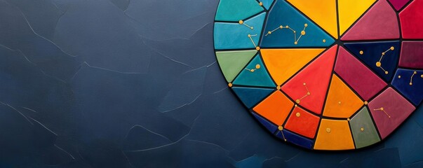 Fototapeta premium Abstract representation of a zodiac wheel with vibrant geometric shapes, contemporary art