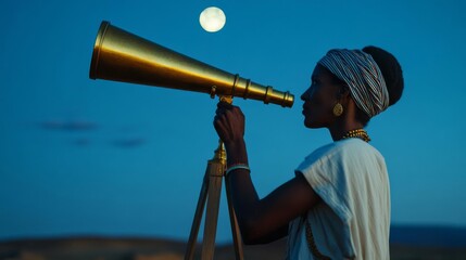 Ancient astrologer gazing at the stars through a telescope, illuminated by the moonlight, historical mysticism