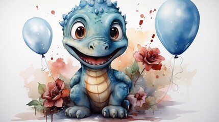 Watercolor illustration of cute dinosaur with colorful balloons. Greeting birthday card, poster, banner for children. White background.
