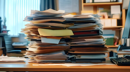 Overloaded inbox tray with stacks of paperwork in an administrative office.