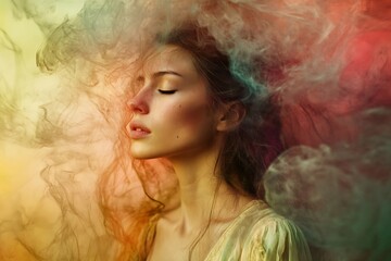 Abstract Painting of a Woman with Closed Eyes Surrounded by Colorful Smoke
