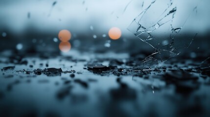 A visually striking photo featuring shards of broken glass scattered on a wet ground, with blurred lights in the background. The image communicates a sense of fragility and chaos.