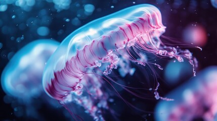 An enchanting close-up of ethereal, translucent jellyfish illuminating the dark depths of the ocean with their glowing bodies, displaying their delicate tendrils in an aquarium-like scene.