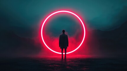 A silhouetted individual stands before a glowing neon pink circle, framed by a dark and moody landscape, evoking feelings of mystery and silent reflection.