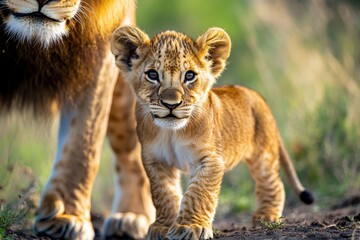 Obraz premium Kenya lion cub cautiously approaching its mother, learning the ways of the wild step by step