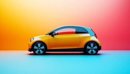 Obraz premium A vibrant yellow car stands out against a colorful gradient background, showcasing modern design and urban style.
