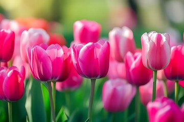 Pink and White Tulips Blooming in Spring Garden. Nature Flowers Background Image.
