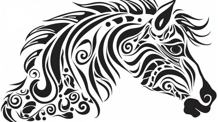 Fototapeta premium Intricate black and white tribal horse head design with swirling patterns