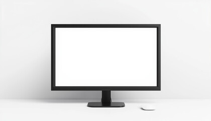 Fototapeta premium Black desktop monitor with blank white screen and wireless mouse on white background