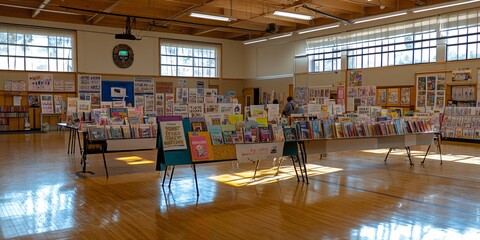 School gymnasium with tables of colorful art books and artwork on the walls for an art fair or open house.