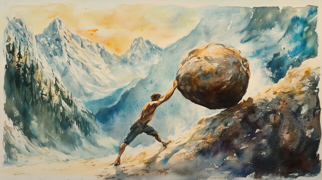 watercolor illustration of Sisyphus rolling enormous boulder rock up hill
