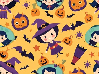 Abstract seamless halloween pattern for girls or boys. Creative vector background with witch, bat, ghost. Funny pattern for textile and fabric. Fashion halloween witch style. Colorful bright picture