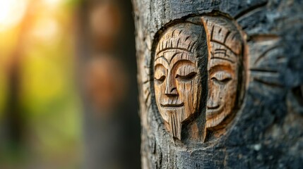 Astrological figures carved into the trunks of ancient trees, nature and spirituality intertwined