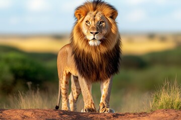 Fototapeta premium Kenya lion male standing tall in the savannah, its mane blowing in the soft breeze of the open plains